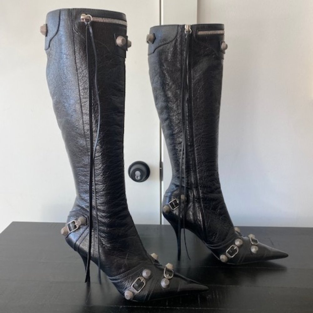 Balenciaga Cagole Knee Boots Black Lambskin 38.5 Brand New with Box.